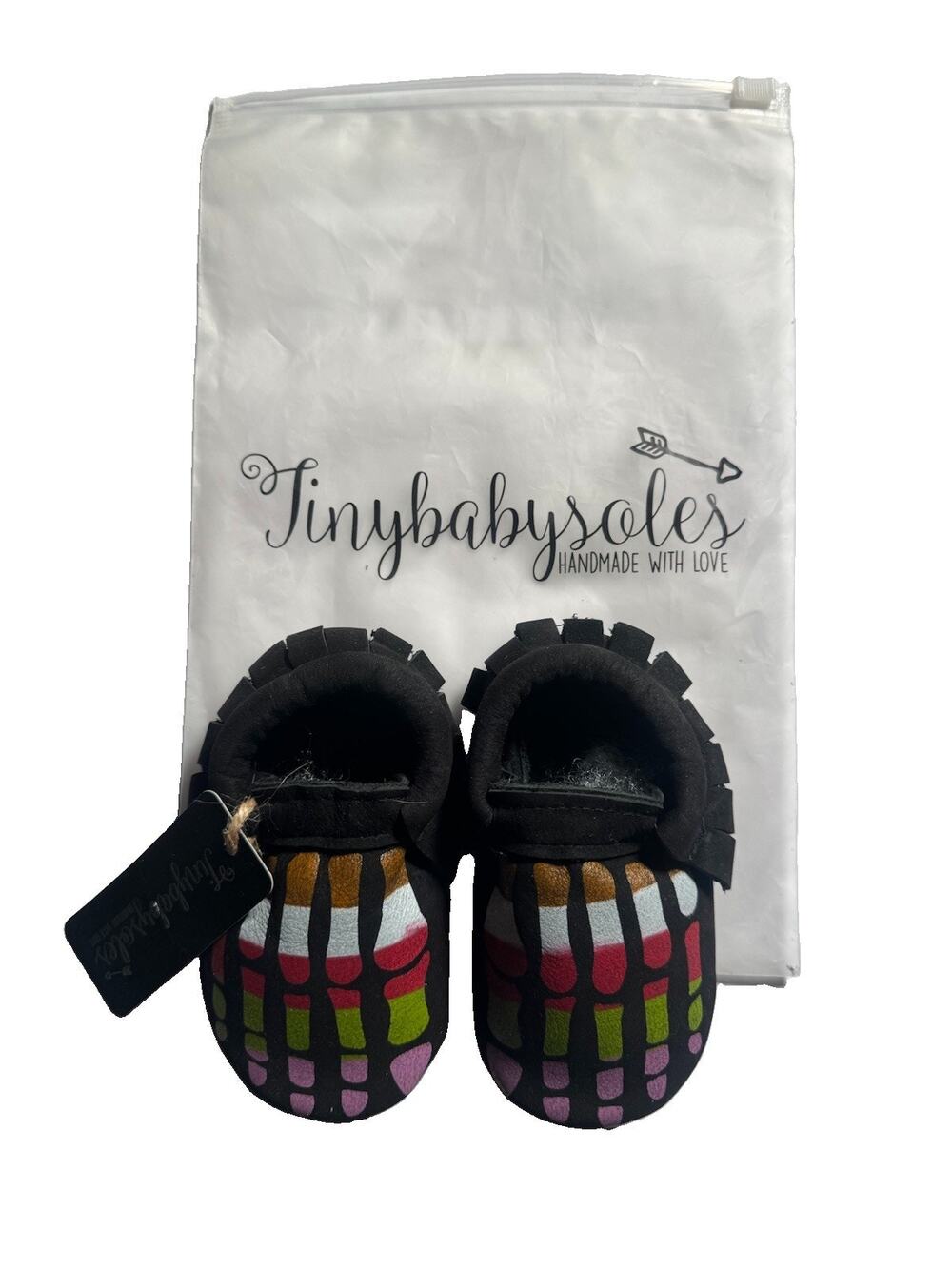 Tiny Baby Soles Halloween Skeleton Bones Baby Moccasins Size 3 Black Fringe NWT